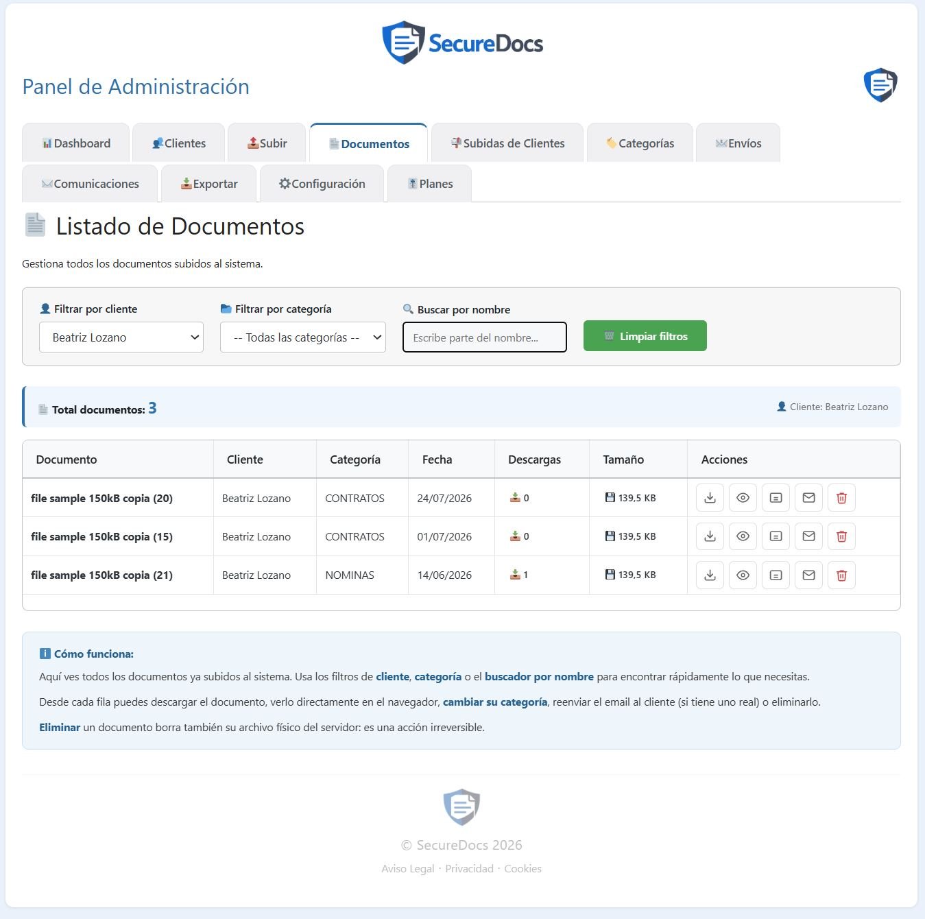 Alta de un cliente nuevo en SecureDocs: eliges si tendra acceso al area privada o solo entrega de archivo, y en segundos queda de alta.